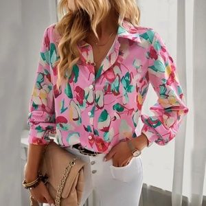 Zara Pink Satin Floral Button Down